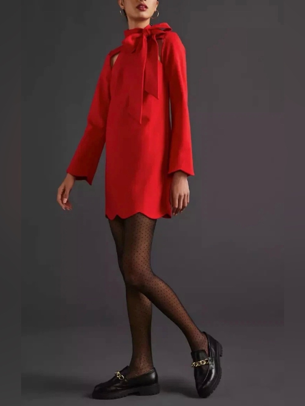 Maeve Anthropologie Red Cutout Mini Dress Long Sleeve Tie Neck Scallop Hem L